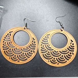 Wood carved round tribal earrings lightweight boho jewelry